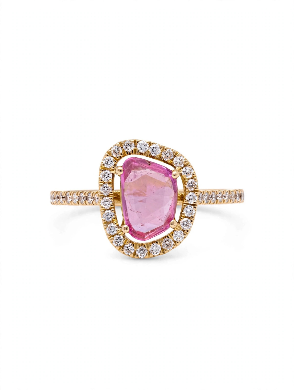 A0007 - Anillo zafiro rosa con halo brillantes